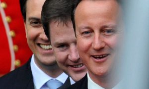 (L-R) Britain's opposition Labour party leader, Ed Miliband, deputy prime minister, Nick Clegg, and prime minister, David Cameron. Photograph: Toby Melville/Reuters